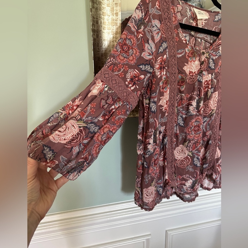 Purple Knox Rose Floral Boho Blouse Sz M - Picture 5 of 5